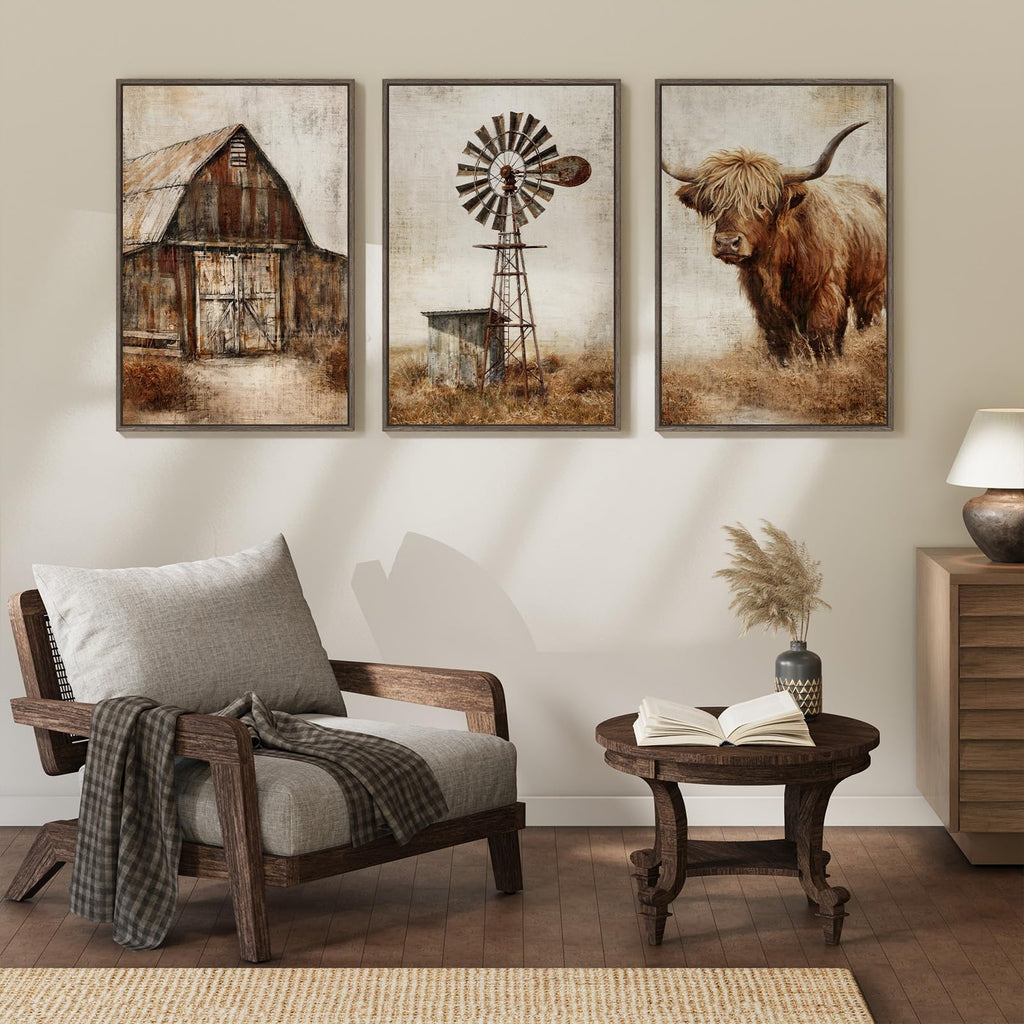 Framed Farmhouse Highland Cow Wall Art, Set of 3 20x30 In