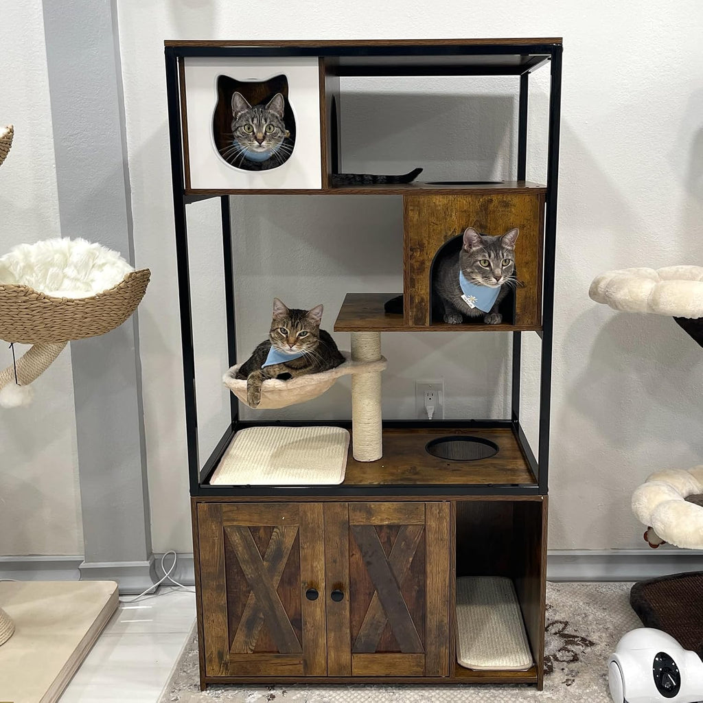Cat Litter Box Furniture Enclosure 4 Levels Cat Tree Hidden Cabinet with Storage and Scratch, 4 Tiers