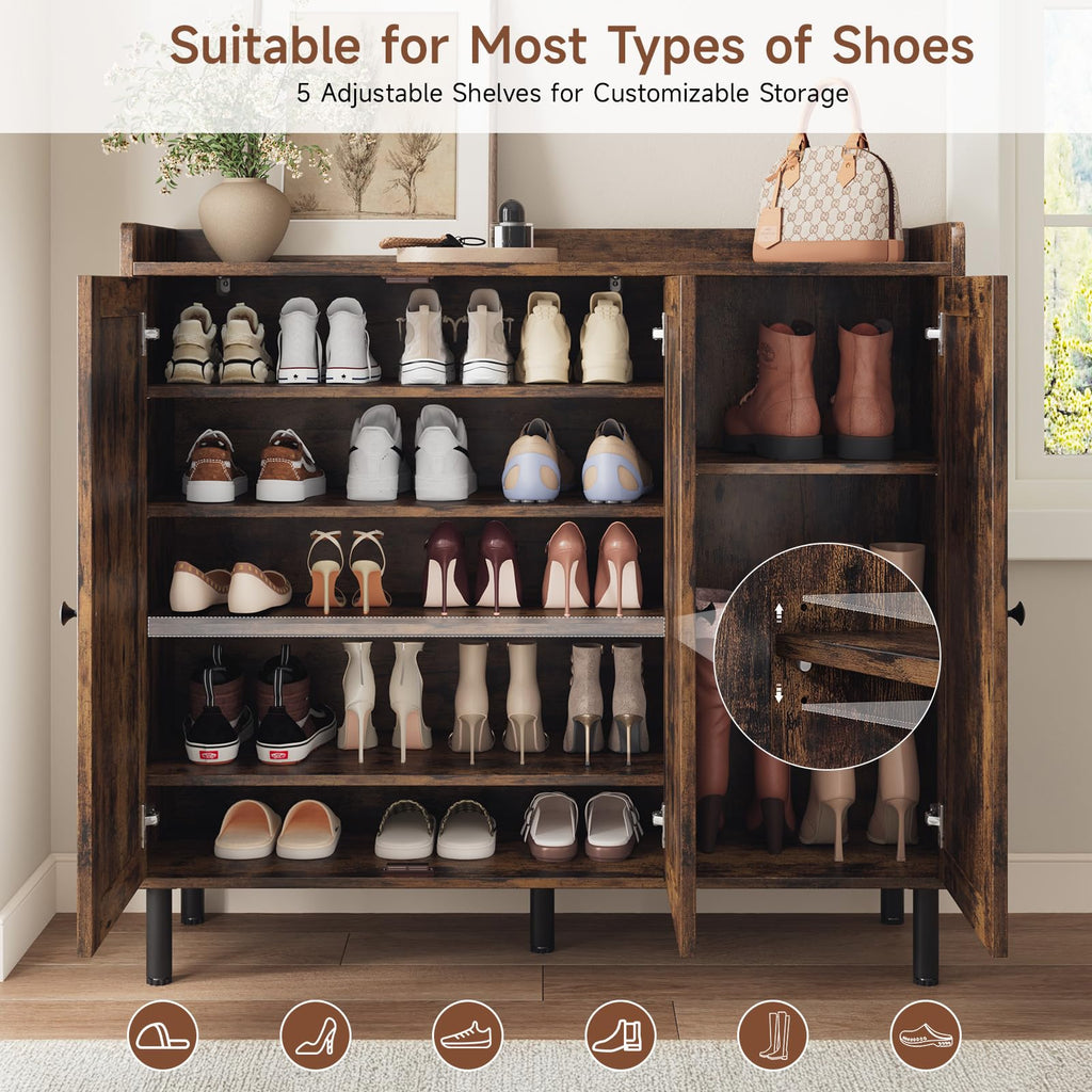 Shoe Cabinet with 3 Doors, Shoe Rack, Rustic Brown
