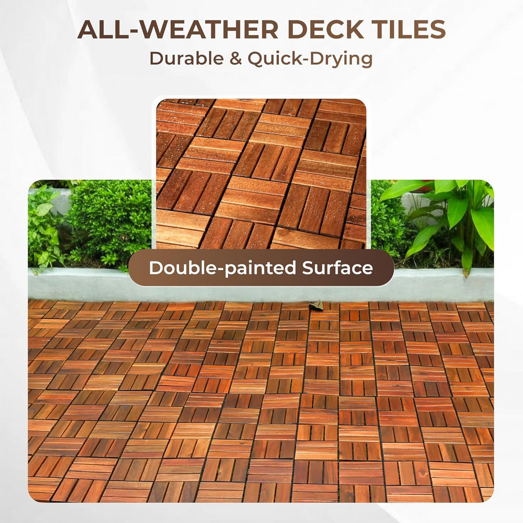 Pack of 9 Deck Tiles for Balcony, Poolside, Outdoor Area - Solid Acacia Waterproof Interlocking Deck Tiles