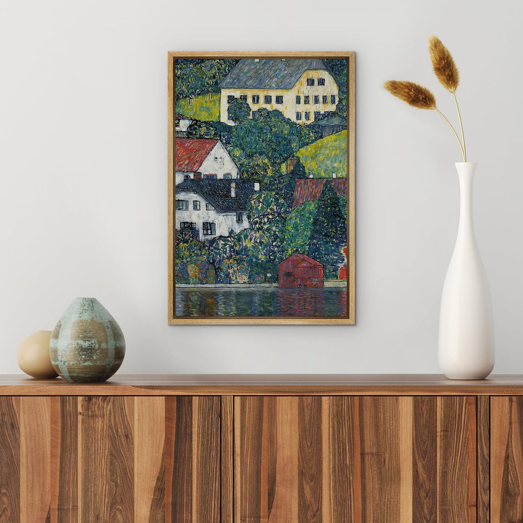 Framed Canvas Print Wall Art Houses at Unterach by Gustav Klimt Nature Wilderness Illustrations Retro Decorative