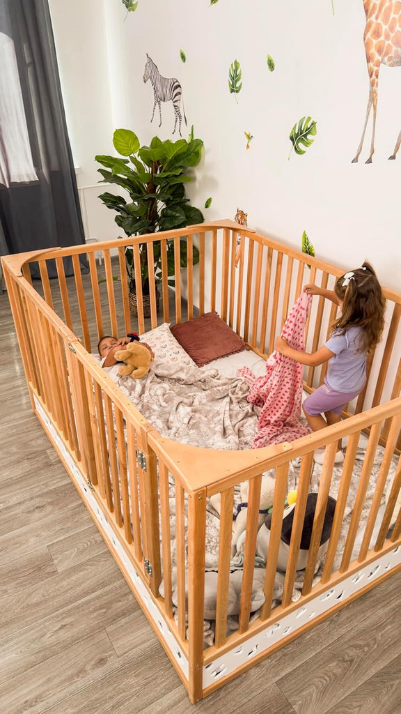Montessori Floor Bed with Extra High Rails and Locking Door - Low Toddler Bed Frame with Slats - Twin/Full/Queen