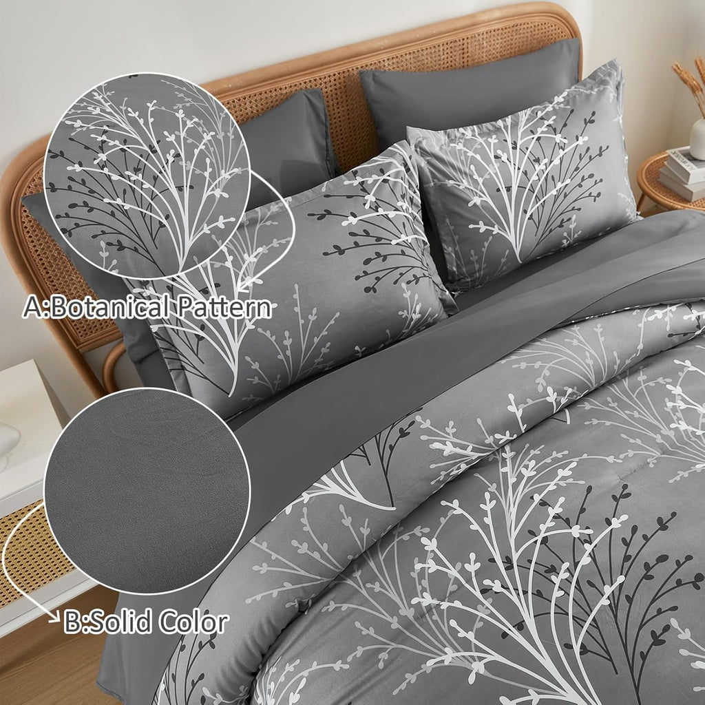 DJY Gray Comforter Set Queen Branch Botanical Bed in a Bag 7 Piece Grey Floral Comforter