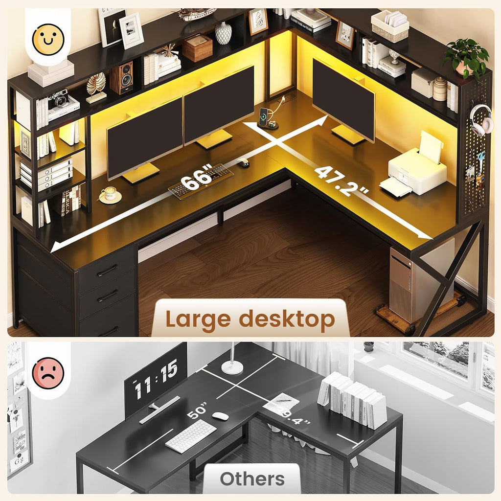 L Shaped Gaming Desk with Storage Shelves, Hutch, Drawers | Convertible 94.5" Computer Desk with Power Outlet, LED