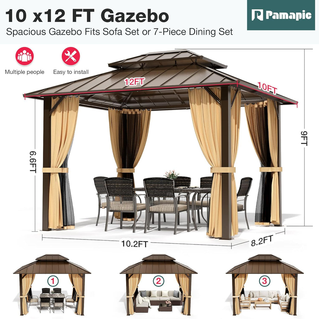 10x12FT Hardtop Gazebo,Galvanized Steel Double Roof Gazebo,Outdoor Permanent Pavilion with Breathable Netting