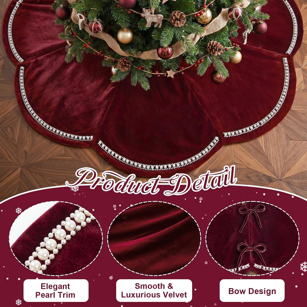 60 Inch Red Velvet Christmas Tree Skirt with Scalloped Edge & Pearl Trim