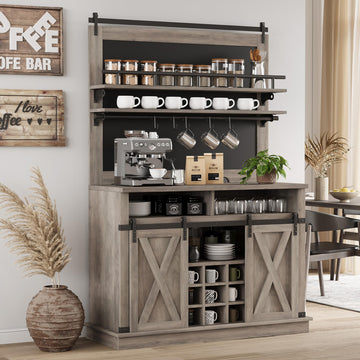 Coffee Bar Cabinet, Farmhouse Buffet Cabinet with Storage, 75" Tall Bar Cabinet Kitchen Buffet Sideboard with Sliding