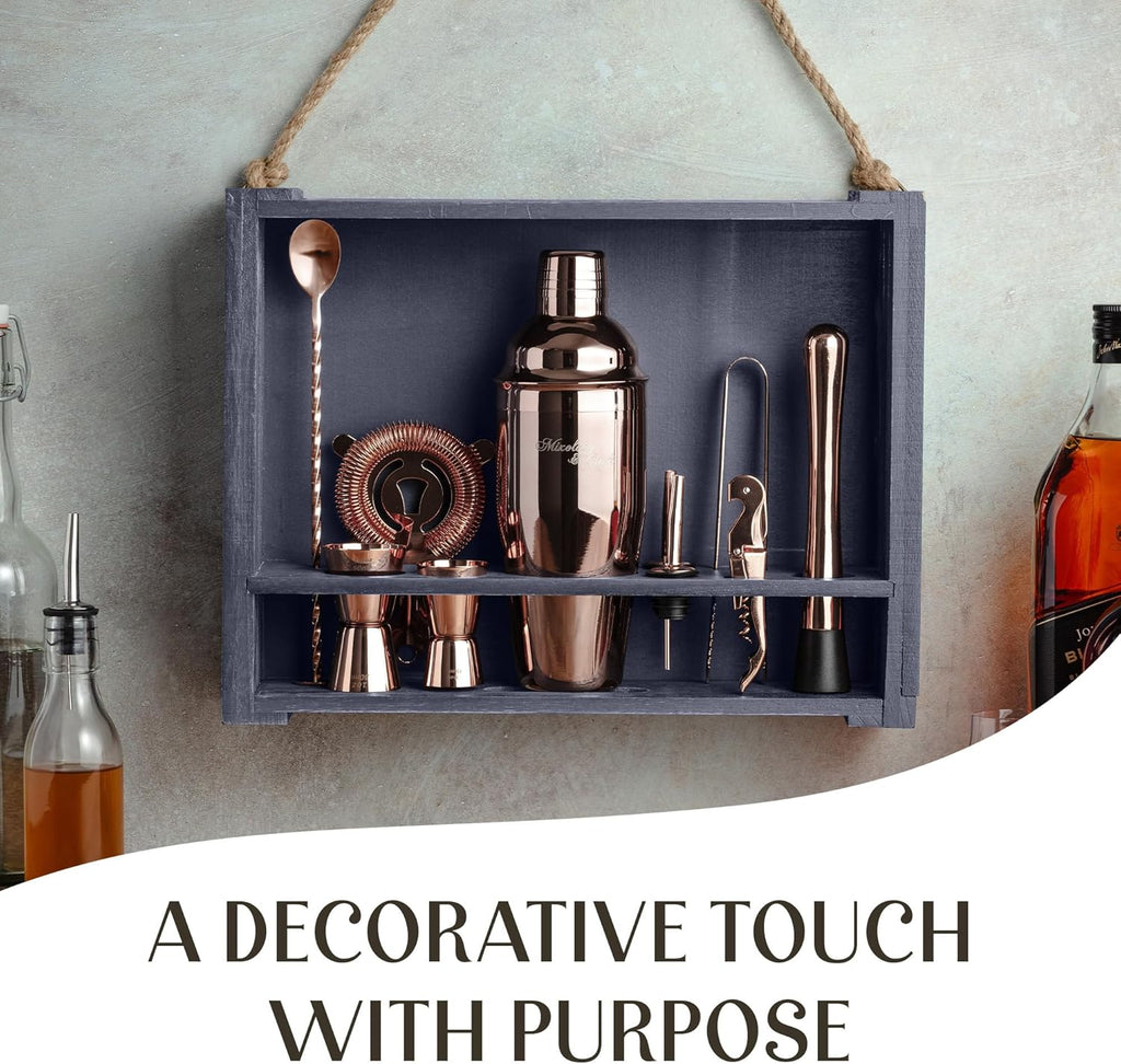 Rustic Cocktail Shaker Set - Includes Wood Stand, Complete Barware Kit with 24 Oz Shaker, Dual Jiggers, Pourers
