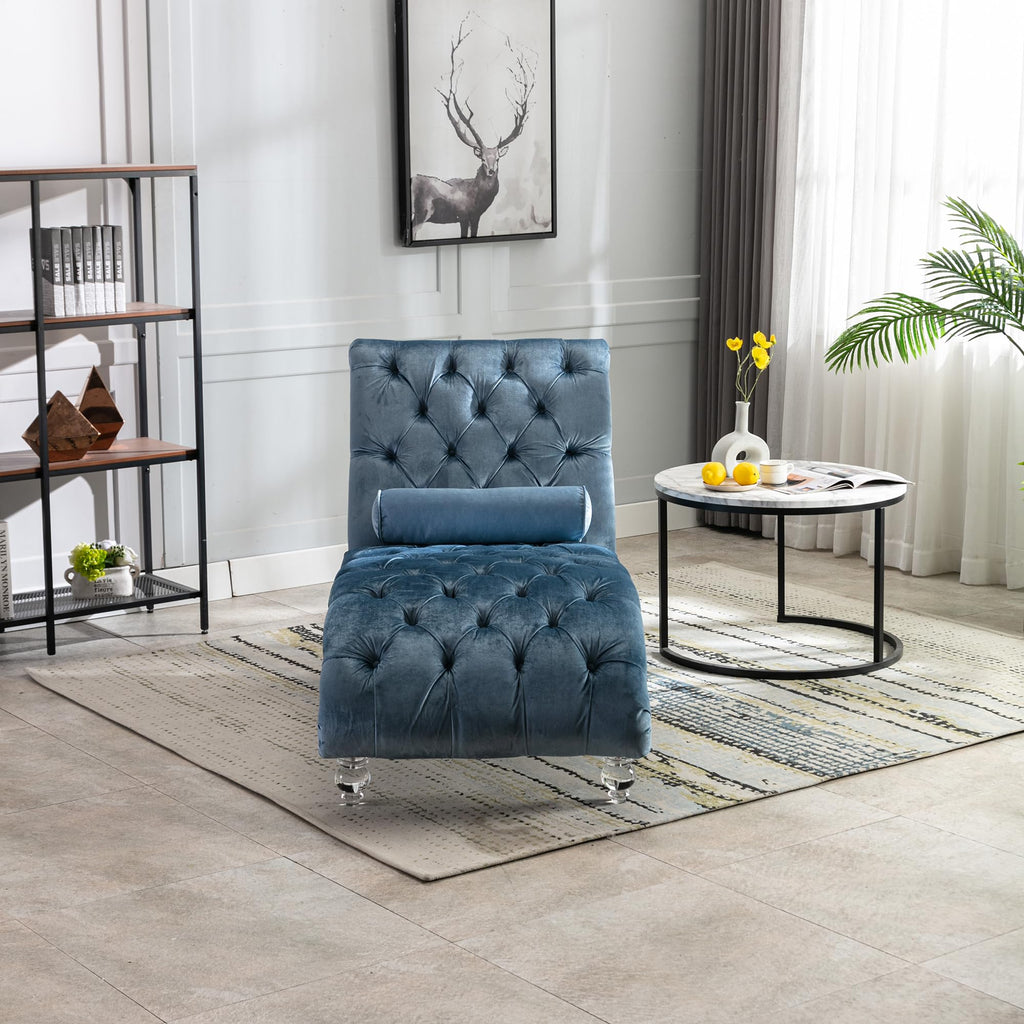 64" Velvet Chaise Lounge Chair Indoor with Ergonomic S-Shaped Backrest & 1 Pillow, Button-Tufted Accent Reclining