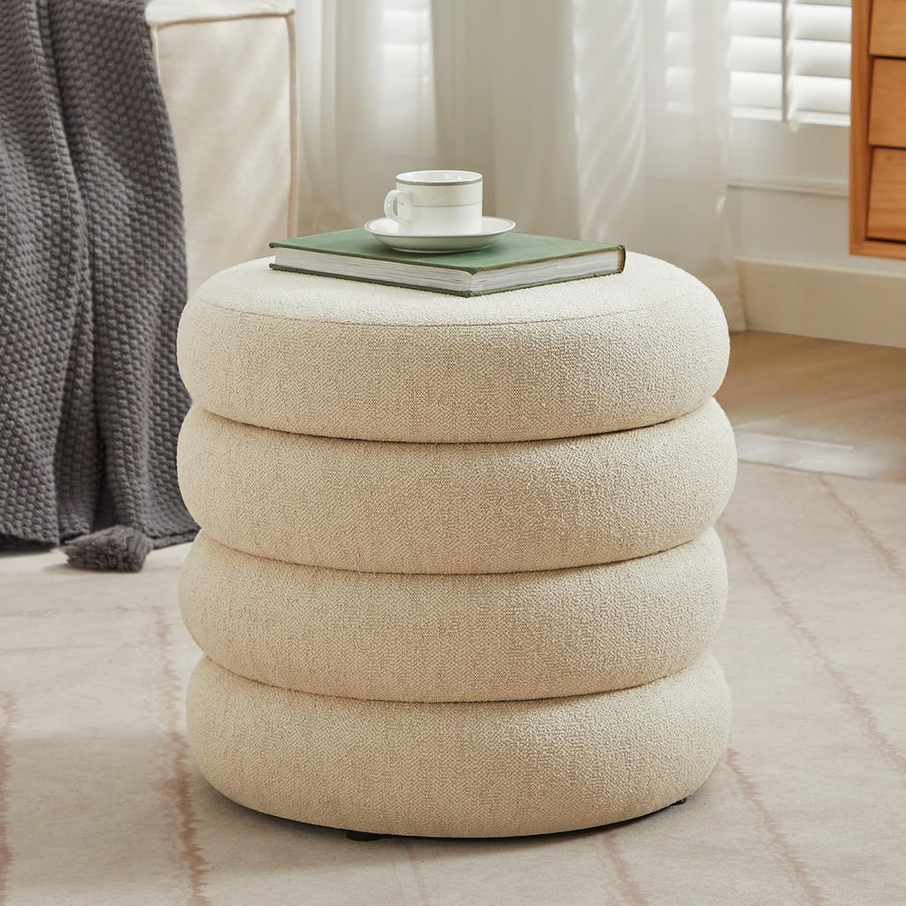 19.5" Storage Ottoman Round, Vanity Stools , Linen Pouf Ottoman with Removable Lid, Modern Ottoman Stool for Girls