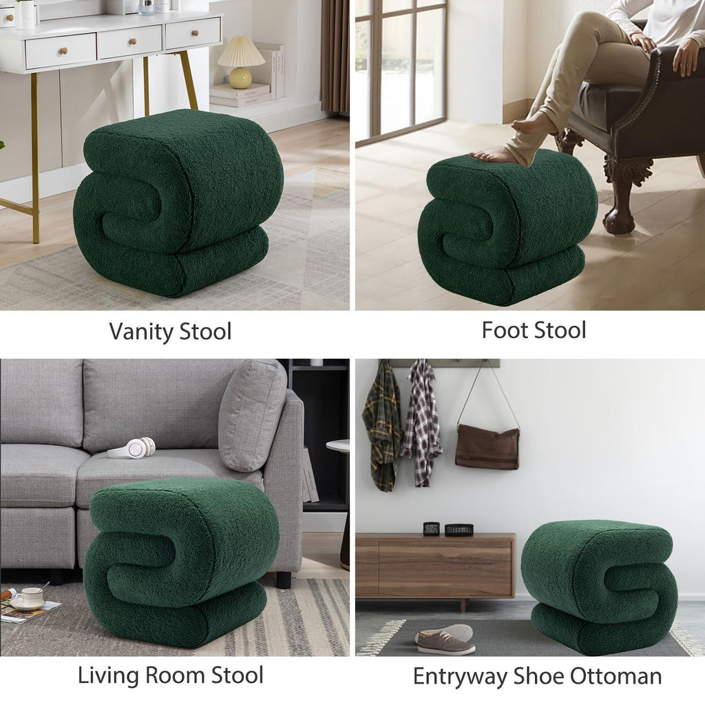 Sherpa Ottoman Stool, Modern S-Shaped Boucle Vanity Stool Pouf Ottoman Seat, Decorative Floor Chair Foot Stool for