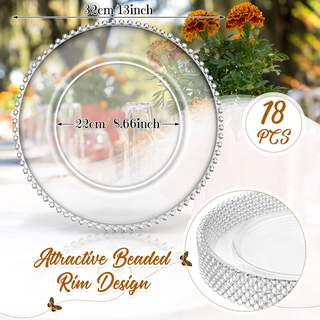 18 PCS Clear Charger Plates with Beaded Rim, Clear