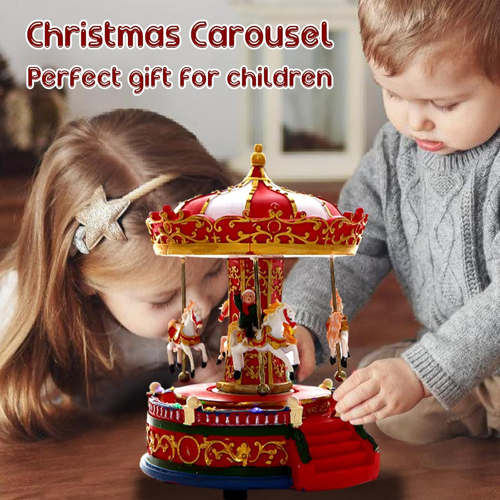 Christmas Carousel Figurines Decoration Christmas Village House Musical Carousel with 6 Moving Horses Go Round, 8