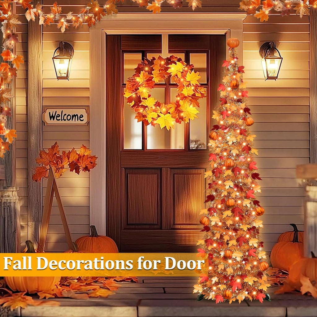 5 FT Fall Tree Fall Decor, Tinsel Maples Tree with 50 Warm White Lights
