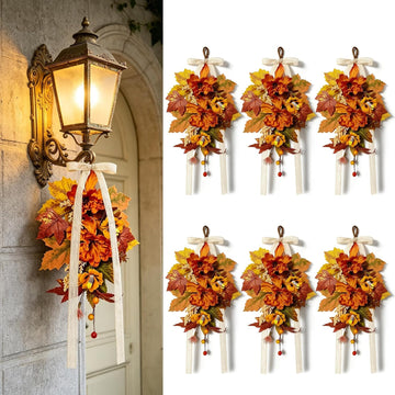 Fall Lantern Teardrop Swag with Bow 16" Mini Autumn Floral Swag with Peony Wheat Maple Leaves Thanksgiving - Set of 6