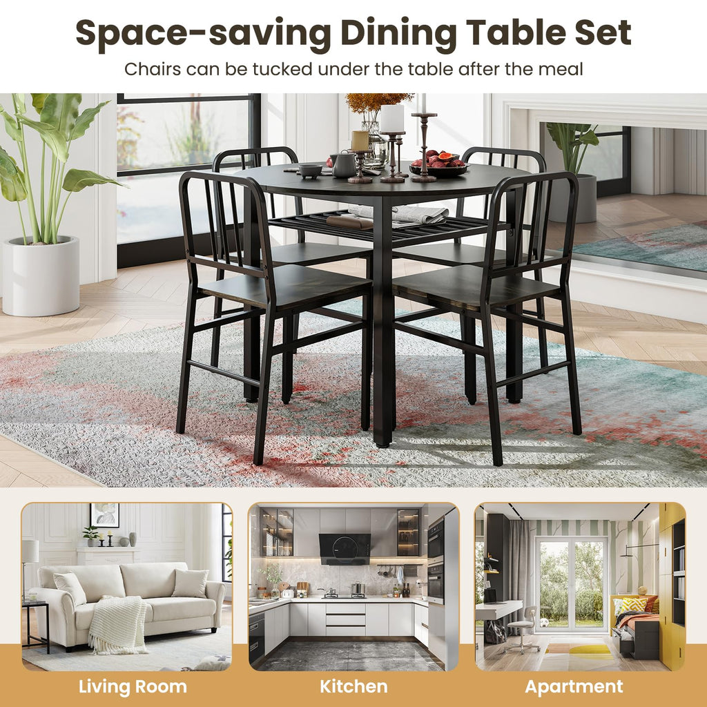 5-Piece Dining Table Set for 4, 40-Inches Round Kitchen Table and Chairs with Storage Rack & Metal Frame