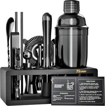 Black Stainless Steel Cocktail Shaker Set with Wood Stand - Bartender Kit with Drink Shaker, Bar Spoon - Set of 15