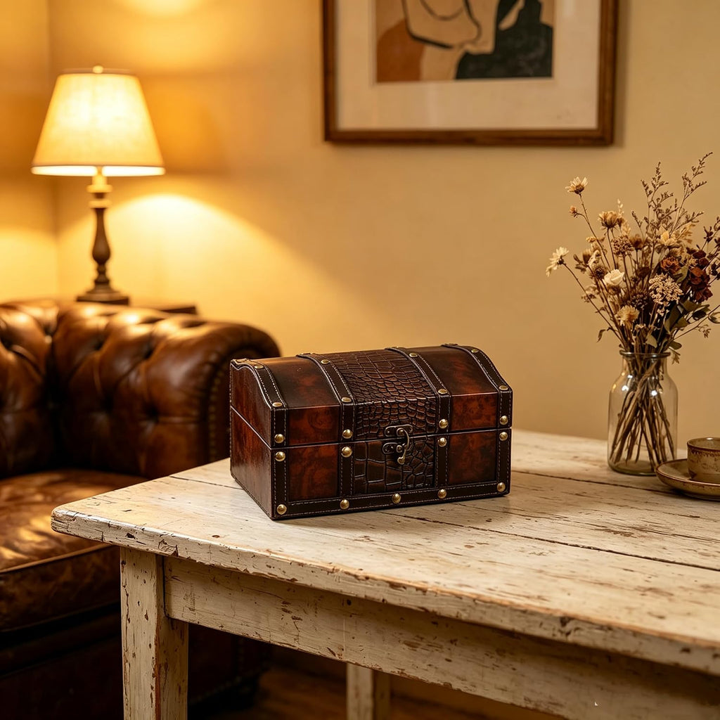 Decorative Wooden Storage Box with Leather Clasp 9 Inch Long. Ideal Gift for Wedding Special Occasion Study Home Den