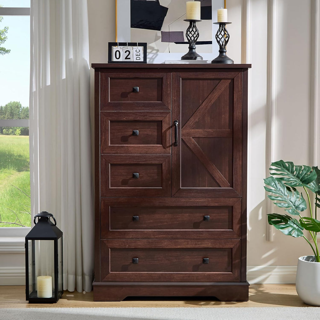 Dresser , Farmhouse Dresser with 5 Wooden Drawers and Storage Cabinet, 48 Inches Tall Chest of Drawers , Dark Cherry