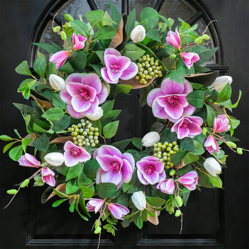 Spring Wreaths for Front Door Outside- 24 Inch Spring Door Wreath with Pink Magnolia and Anemone Floral Wreath with