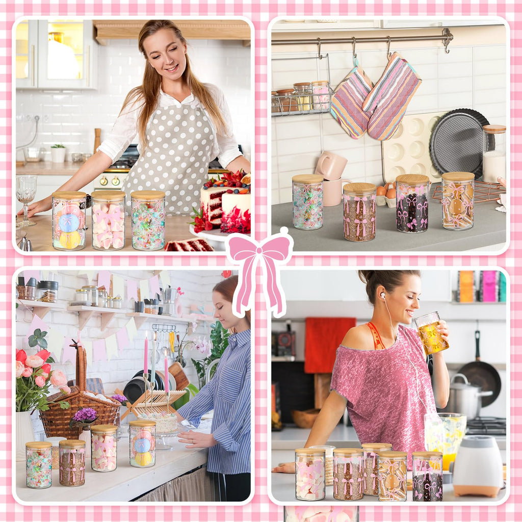6 Pcs Valentines Day Pink Bow Glass Storage Jars with Airtight Lid 19 oz Pink Bow Decorative Canisters Sets Sugar