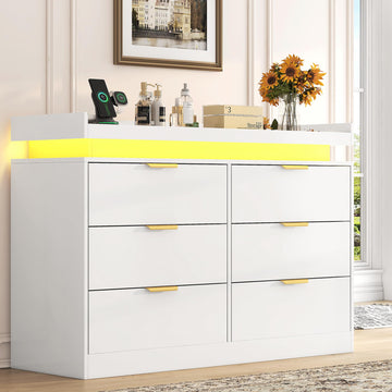 6 Drawer, White with LED Lights and Power Outlet, Wooden Dressers Chests of Drawers, Double Wide Dressers