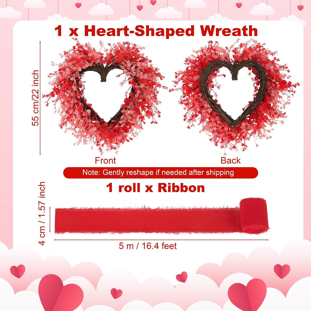 Valentine's Day Heart Wreath 22 Inch Red and Pink Artificial Floral Wreath with Ribbon Door Wall Window Hanging Decor - Set of 2
