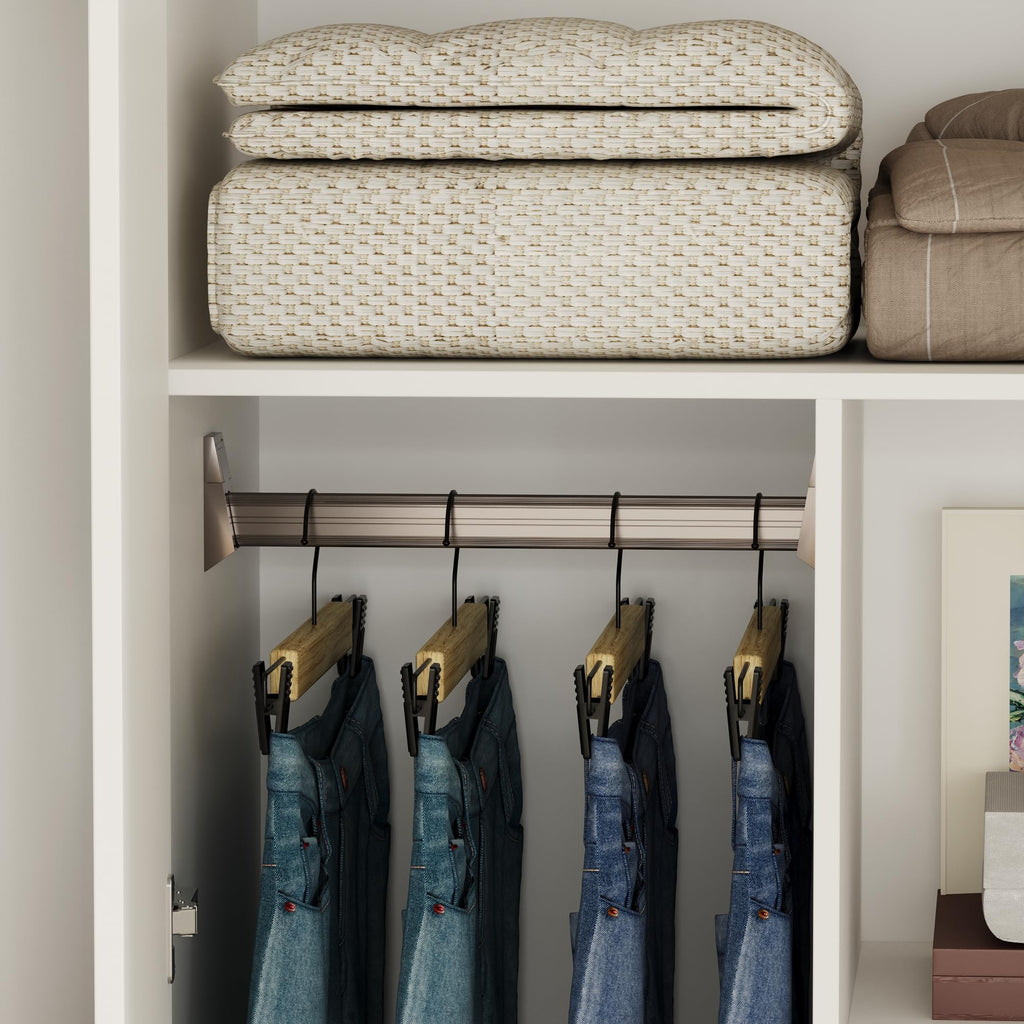 63" W Wardrobe Closet Armoire with 4 Glossy Doors, Wooden Bedroom Clothing Storage Cabinet with 3 Hanging Rods & 10
