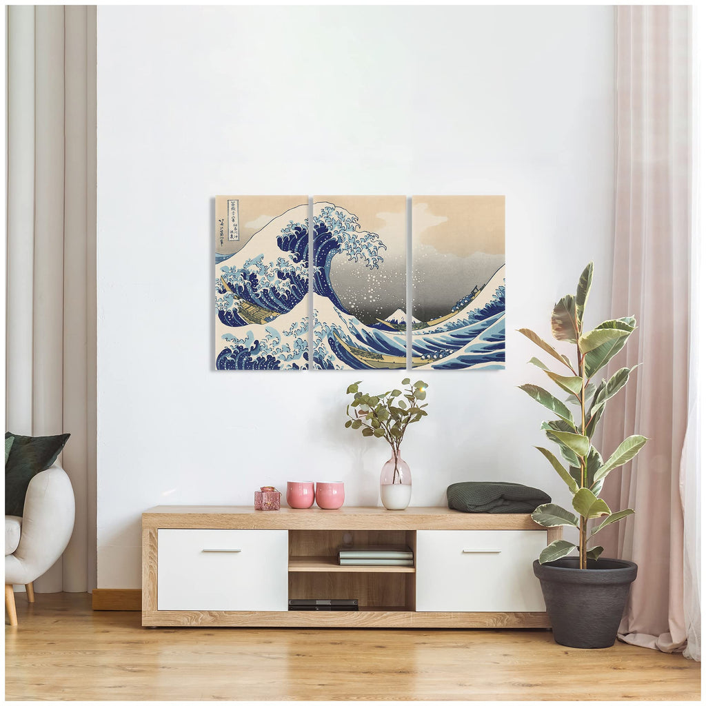 The Great Wave Off Kanagawa by Hokusai Cultural Historic 3 Panel wall Art Decorations Giclee Print On Canvas