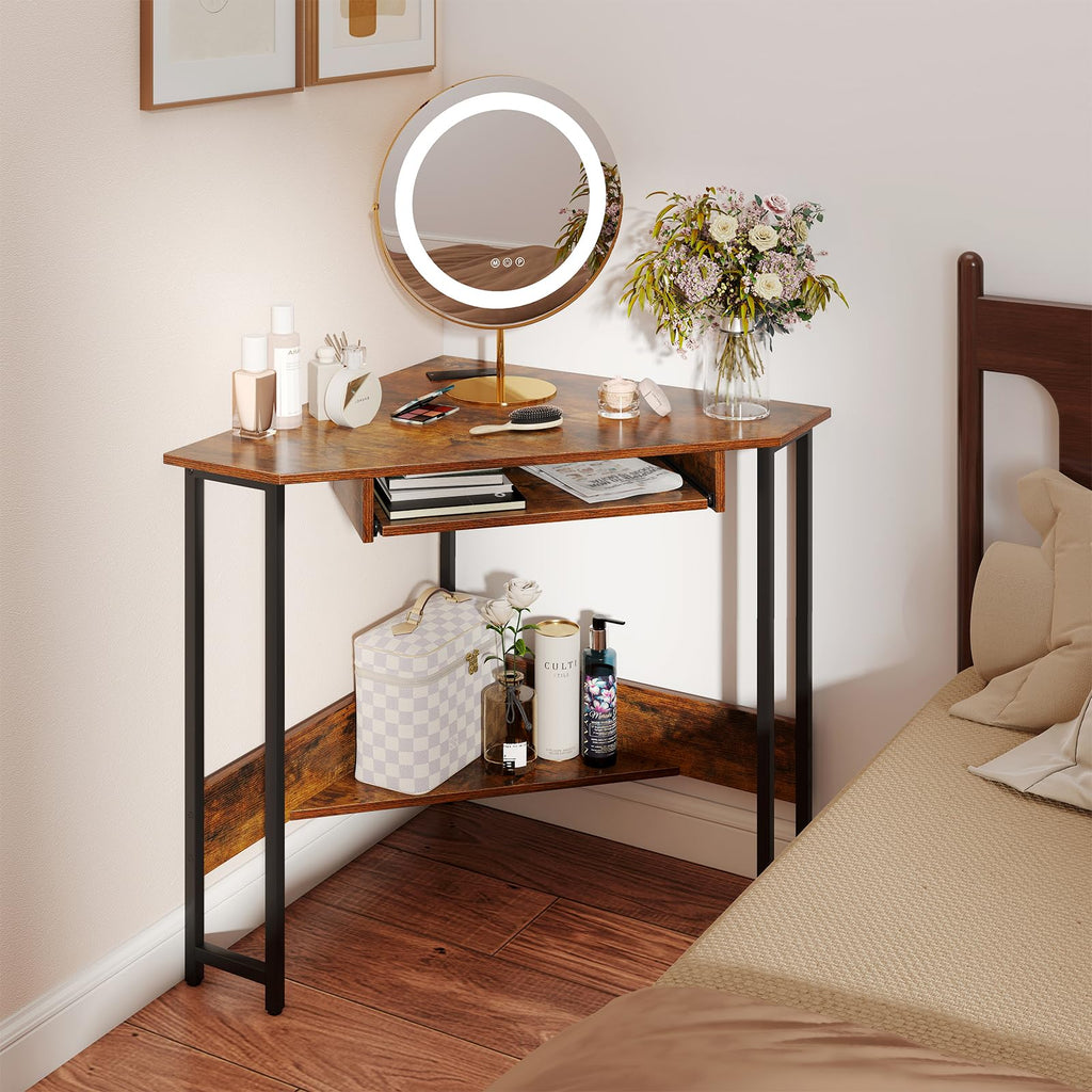 Corner Desk, Triangle Computer Desk with Keyboard Tray & Storage Shelf, Home Office Desk with Built-in Power Outlet
