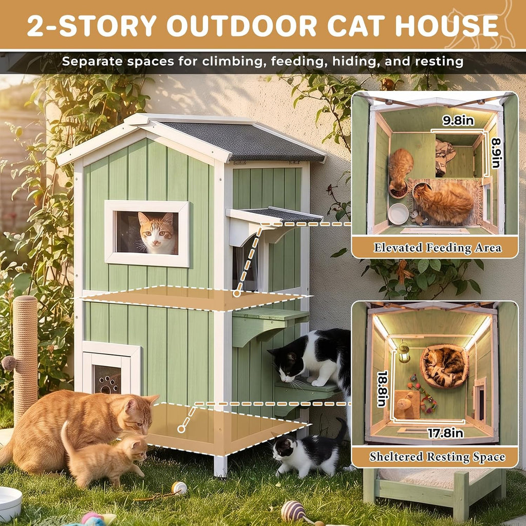 2-Story Weatherproof Wooden Outdoor Cat House