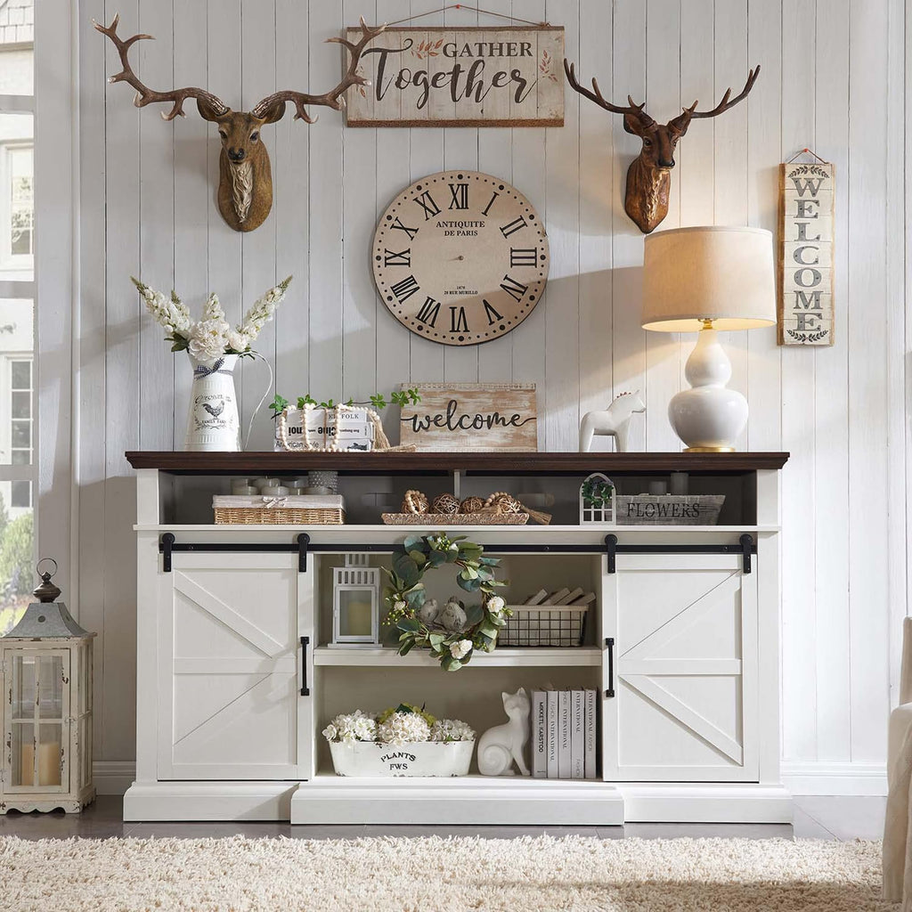 Farmhouse 80/75 inch TV Stand, 37.4" Tall Entertainment Center, White