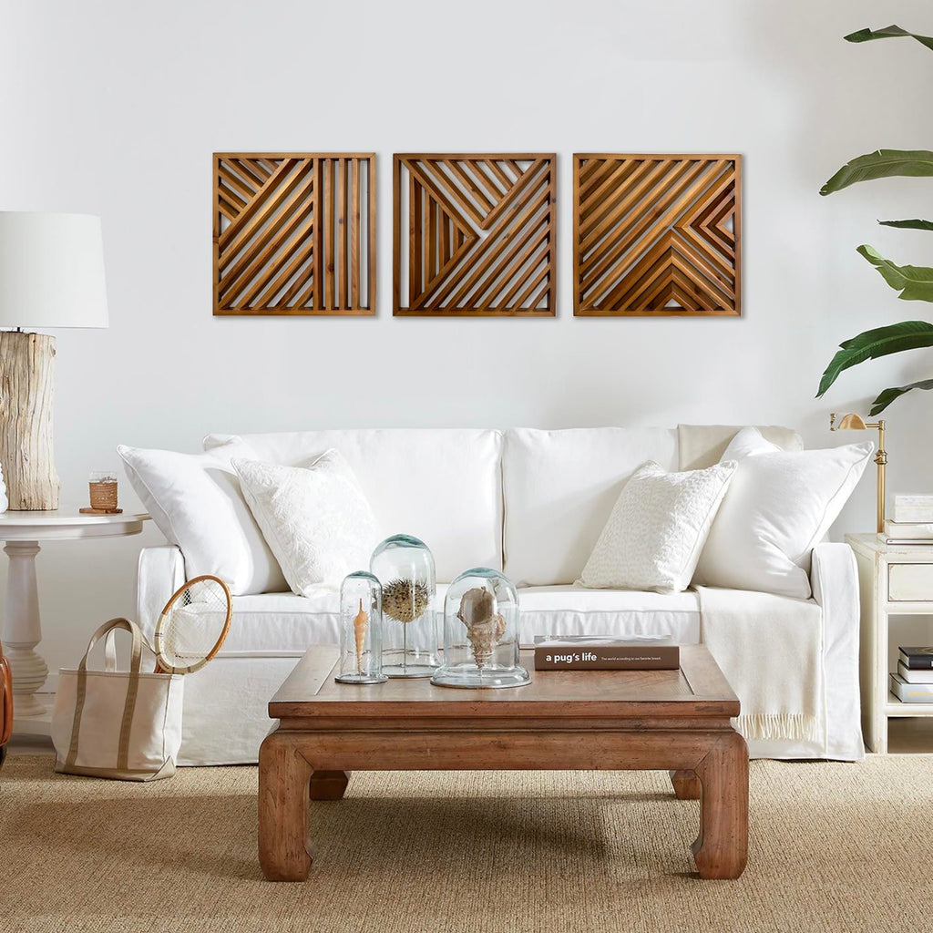 Wooden Geometric Home Wall Decor Slatted Wood Design Wall Sculpture, Set of 3 Wood Wall Art decorate, Boho Bathroom
