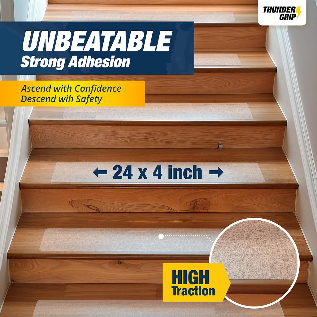 Clear Stair Treads Non-Slip Indoor 24" x 4" 18-Pack - Stair Grips for Wood | Anti Slip Adhesive Strips for Dogs &
