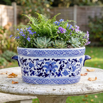 Blue and White Chinoiserie Ceramic Planter, Elegant