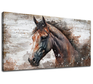 Large Horse Canvas Wall Art - Brown Horse Picture for Wall Decor Rustic Wood Plank Effect Canvas Painting Animal