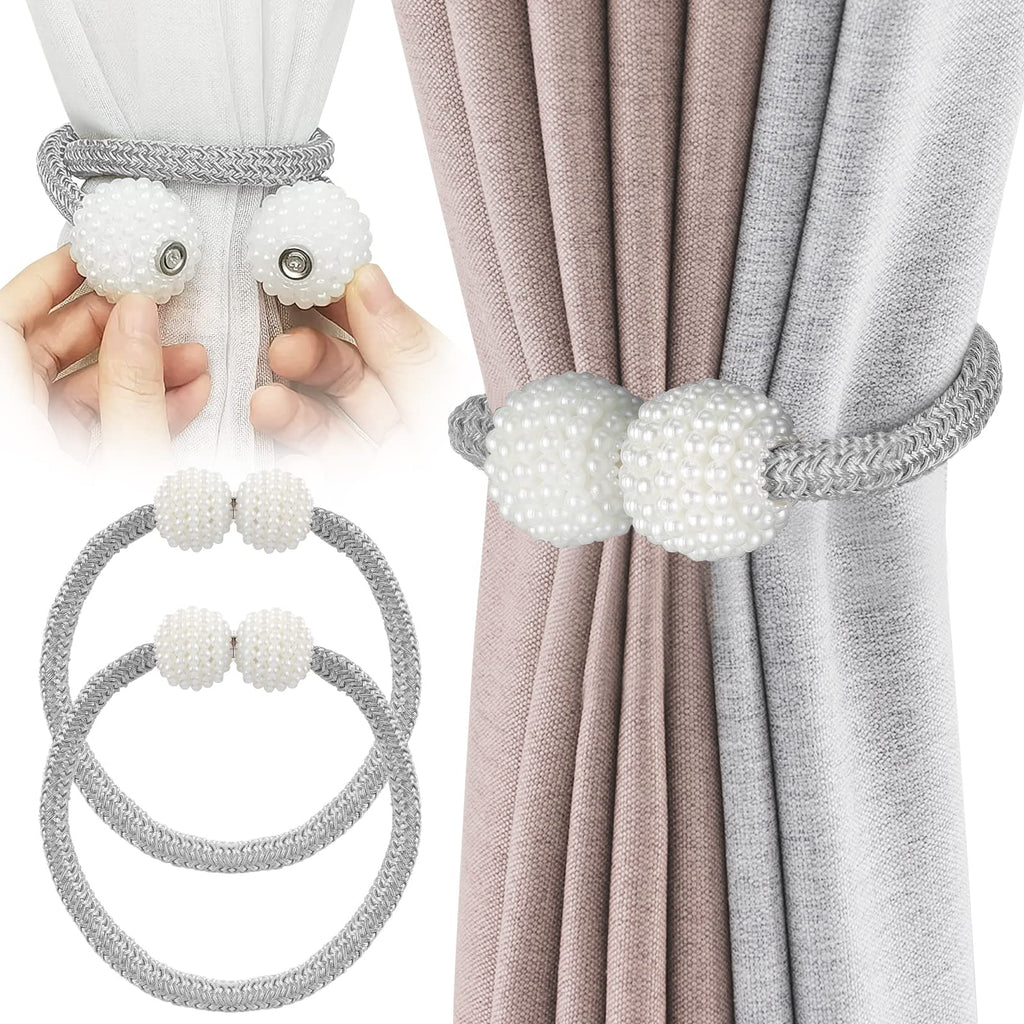 Magnetic Curtain Tiebacks with Pearls,Elegant Window Treatment Holdbacks for Heavy Outdoor Drapes (Grey) - 8 Pack