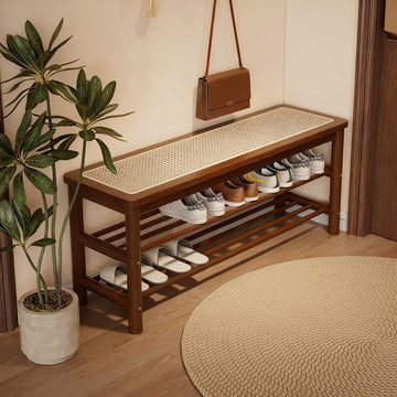 Bamboo Shoe Rack Bench with Rattan Seat, 3-Tier Shoe Storage Bench, Entryway Bench, Walnut 39.4 inches