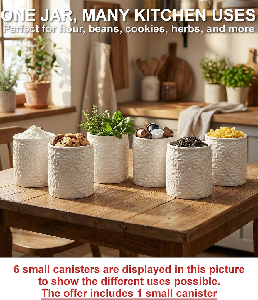 Small 30 Oz Engraved Ceramic Kitchen Canister, Airtight Bamboo Lid