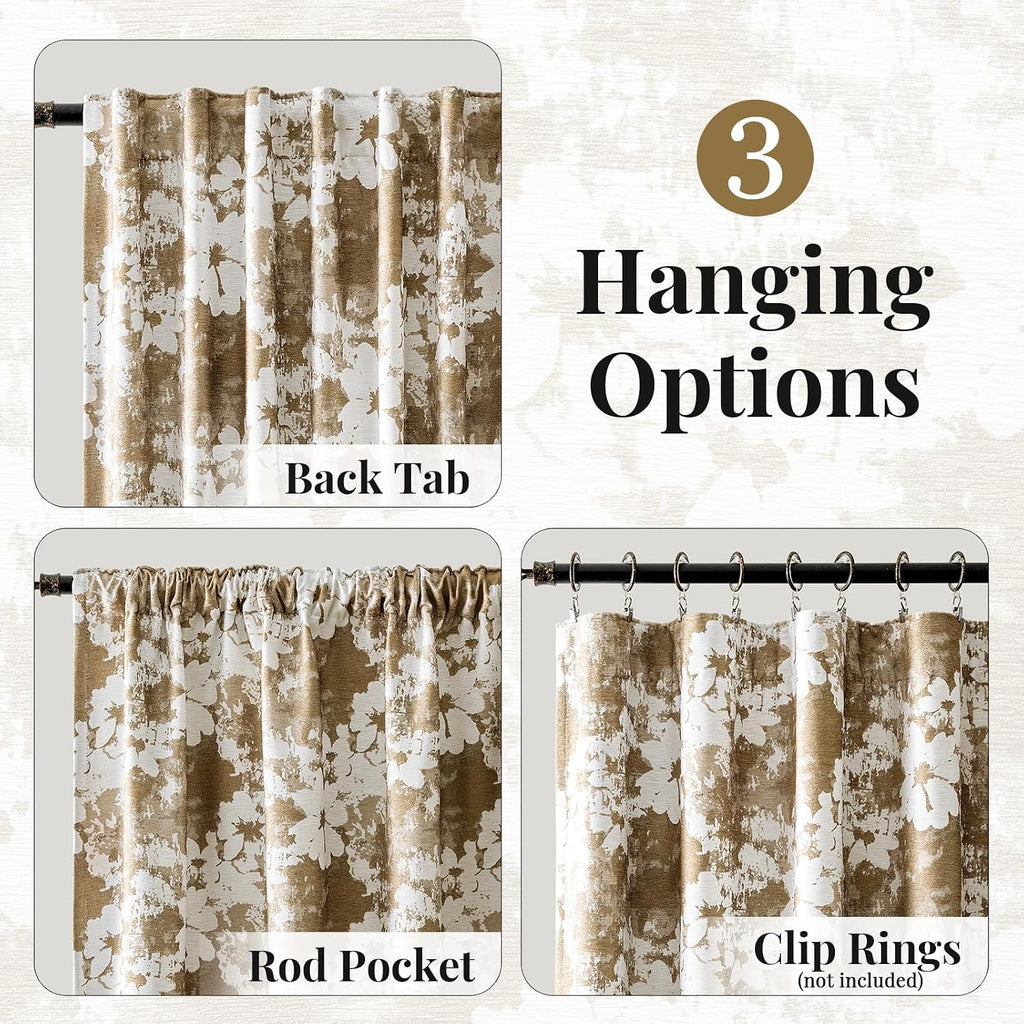 100% Blackout Taupe Floral Curtains,Vintage 96 Inch Thick Window Drapes 2 Panels Set for Living Room Thermal