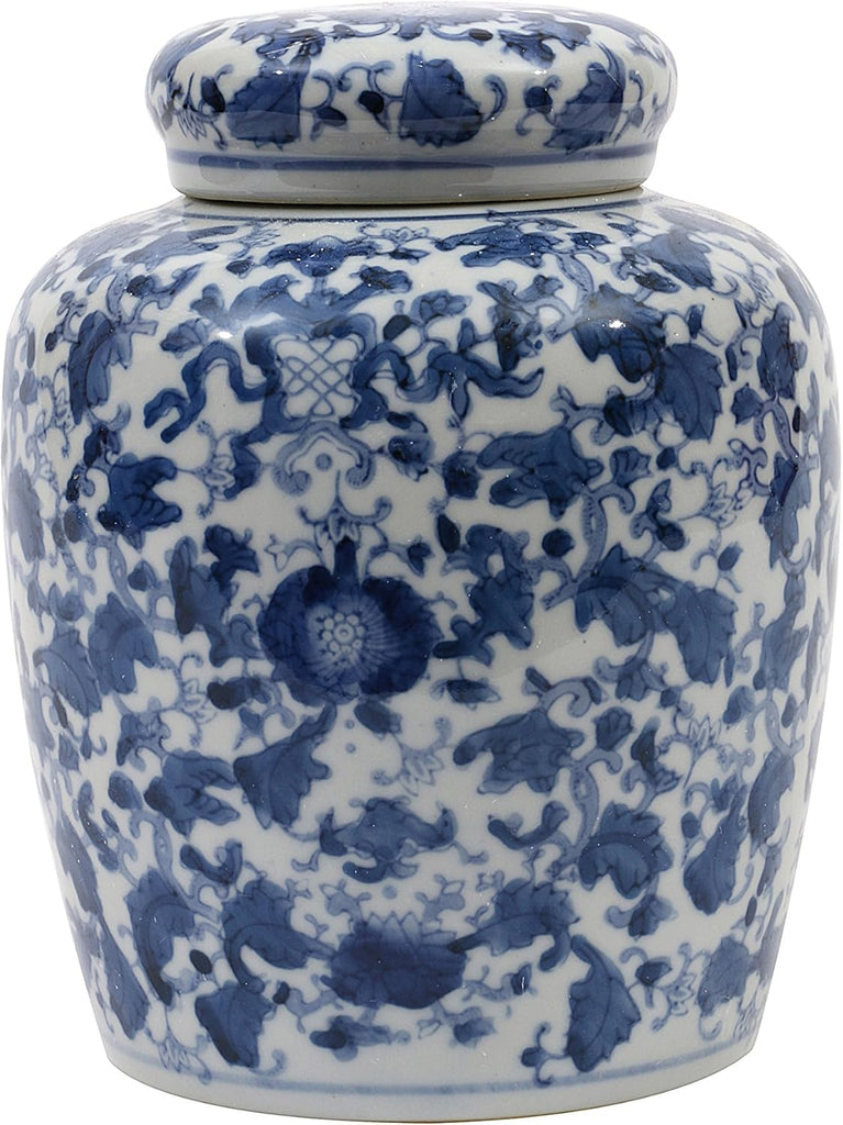 Medium Decorative Ceramic Ginger Jar with Lid, Blue and White Floral Pattern