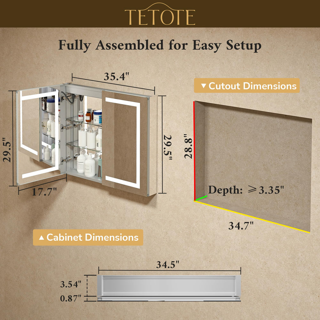 LED Lighted Bathroom Medicine Cabinet Mirror with Lights 36 x 30 Recessed or Wall Mounted Cabinet with 2 Door