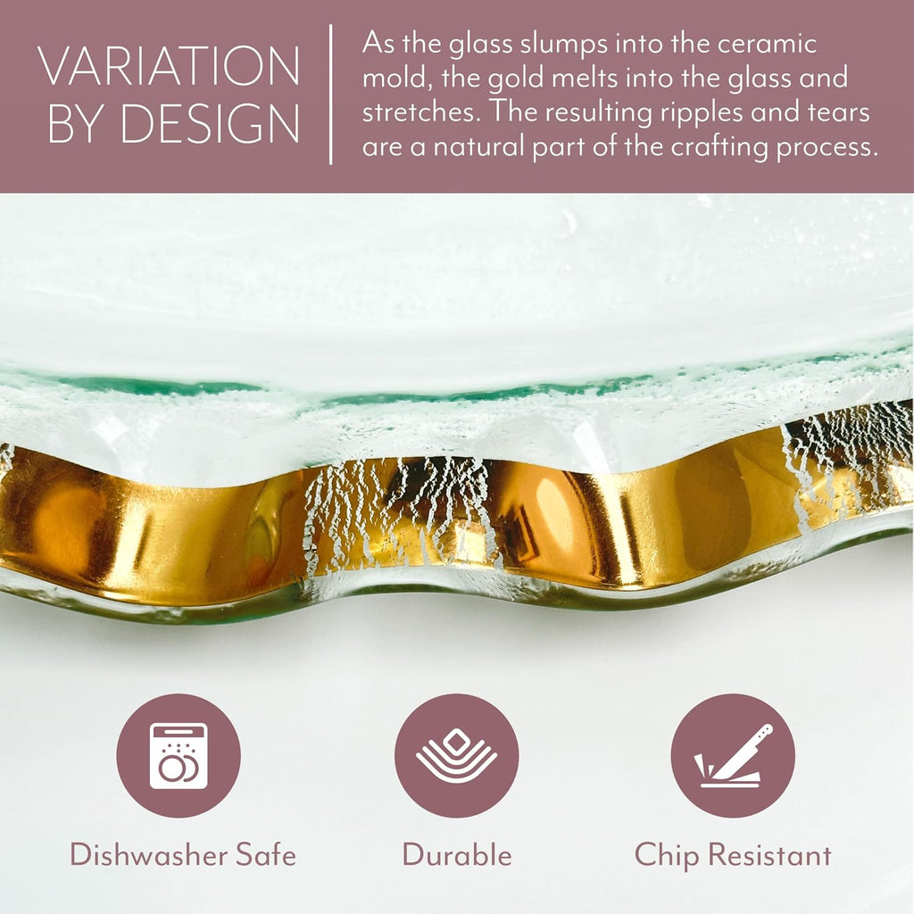 Ruffle 8.25 x 6.5 Inch Dip Bowl with 24k Gold, Timeless Glass Tableware for all Occasions, Made in the USA