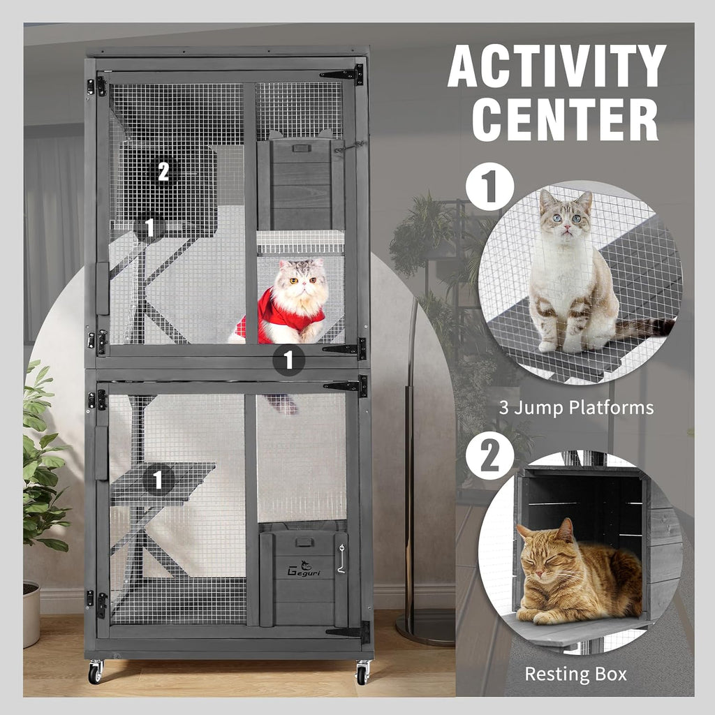 Cat Catio Outdoor Cat Enclosure, Large Wooden Kitten Patio Indoor with Upgraded Resting Box, Waterproof Roof
