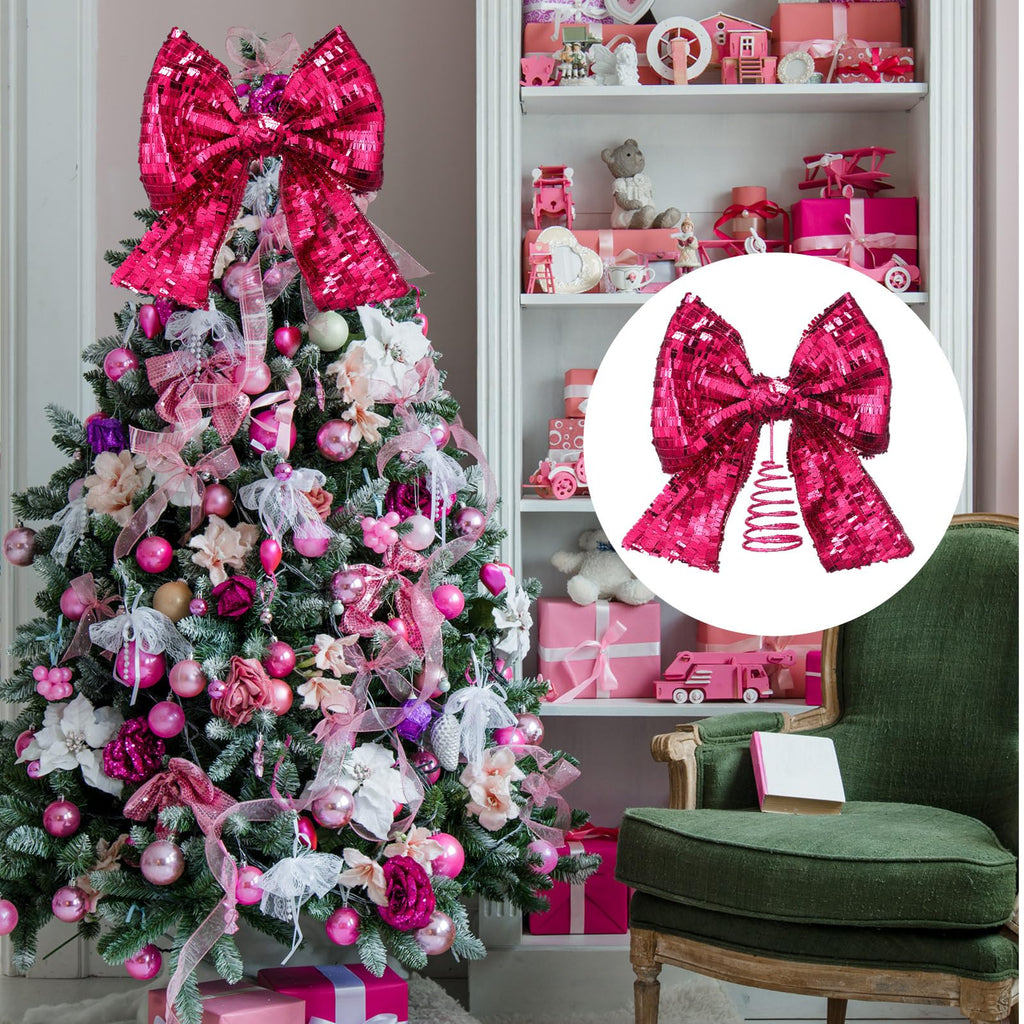 10 x 12 Inch Large Sequin Hot Pink Bow Tree Topper, Hot Pink Bow