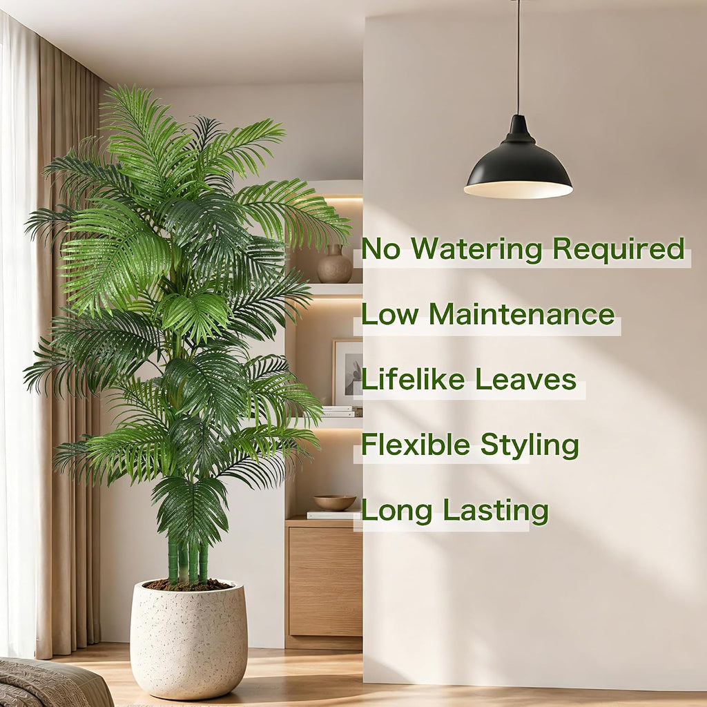 8FT Artificial Palm Tree, Tall Faux Tropical Floor Plant Indoor with Realistic Palm Leaves Fake Areca Trees with Pot