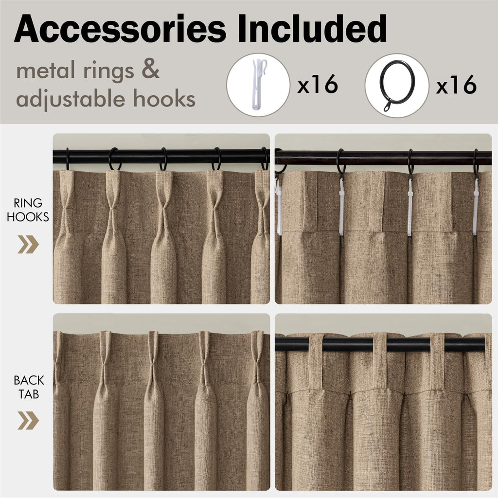 Pinch Pleated Thick Linen Curtains 90 Inches 2 Panels Brown Drapes