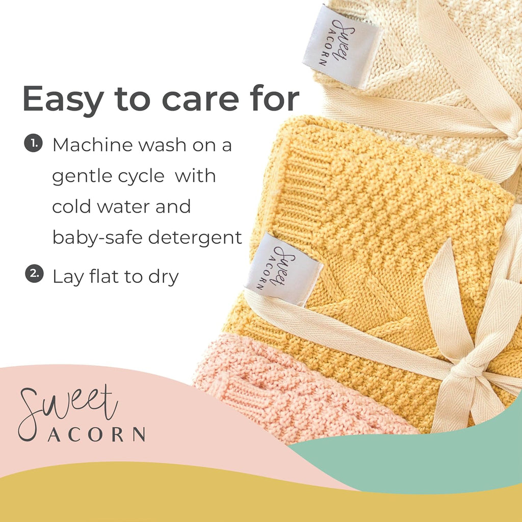 Knit Baby Blanket in Elegant Pattern, Organic Cotton Blankets for Crib or Stroller, Receiving Blankets - Butter Yellow