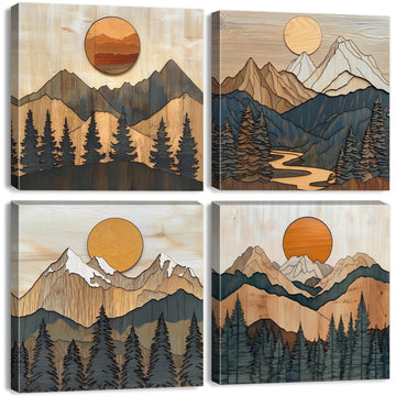 Boho Mountain Wall Art Mid Century Modern Decor Sunset Forest Landscape Canvas Prints Abstract Pine Trees Wall
