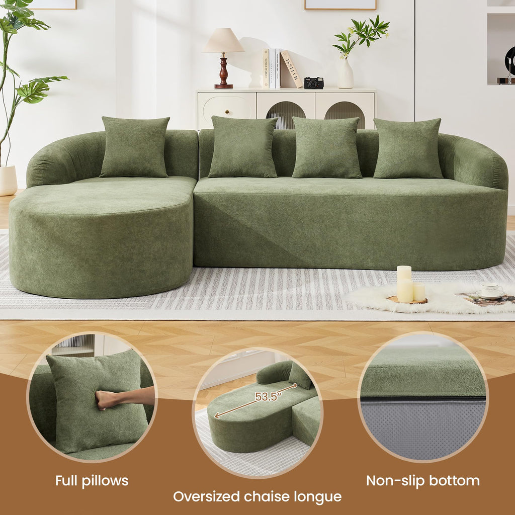 105" Boneless L Shaped Couch, Curved Sofas, Chenille Green